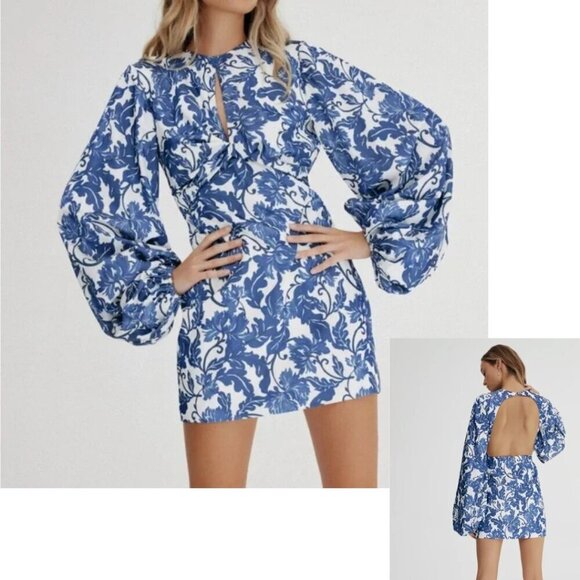 Significant Other Holly Dress Mini Long Balloon Sleeves Open Back Blue Floral 8 - Picture 3 of 13